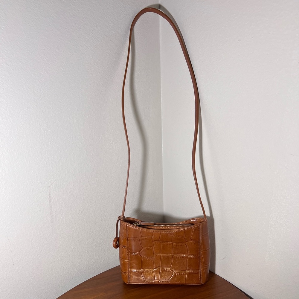 Monsac Croc-Embossed Crossbody Bag in Cognac Brown